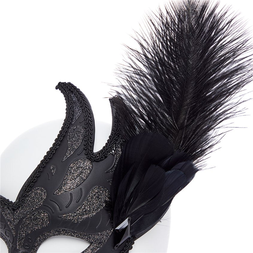 Ornate Black Masquerade Mask with Feathers