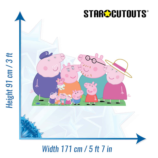 SC4861 Peppa Pig Family Group Cutout - Peppa, George, Mummy, Daddy, Grandpa, Granny and Baby Evie Pig Cardboard Cut Out Height 91cm