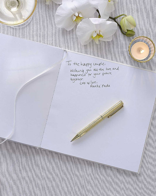 White Embossed Wedding Guest Book with Gold Paper Edge - 21.5cm x 21.5cm