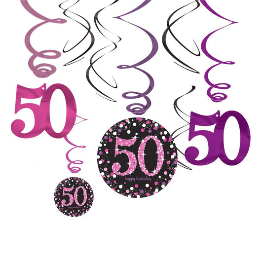 Pink Age 50 Hanging Swirls - 45cm (12pk)