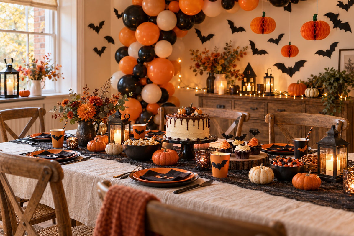 Halloween party table at home with orange, black and cream balloons, pumpkins, bat decorations, cake and treats.