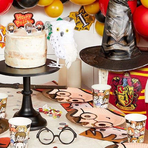 Harry potter party supplies arranged in a styled party setting.