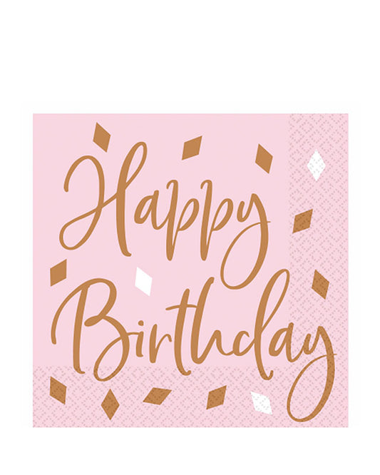 Happy Birthday Rose Gold Paper Napkins 33cm (16pk)