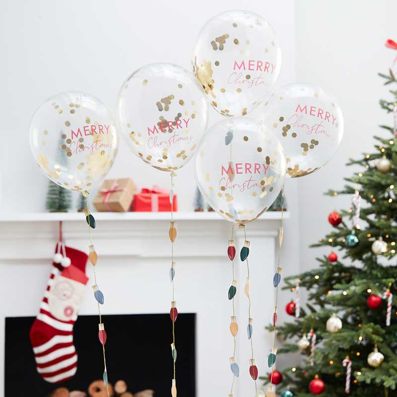 Confetti Filled Merry Christmas Balloons with Light Bulb Balloon Tails - 12" Latex (5pk) – product image 1