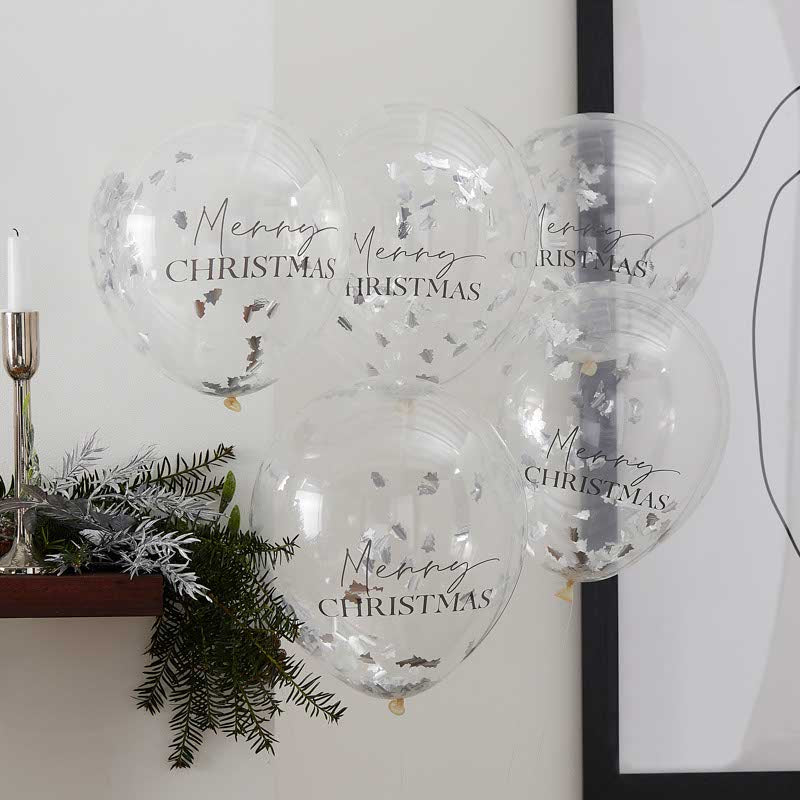 Silver Merry Christmas Confetti Balloons - 12" Latex (5pk) – product image 1