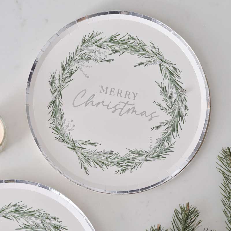 Silver Wreath Merry Christmas Paper Plates - 25cm (8pk)