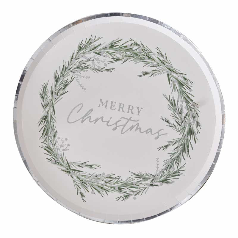 Silver Wreath Merry Christmas Paper Plates - 25cm (8pk)