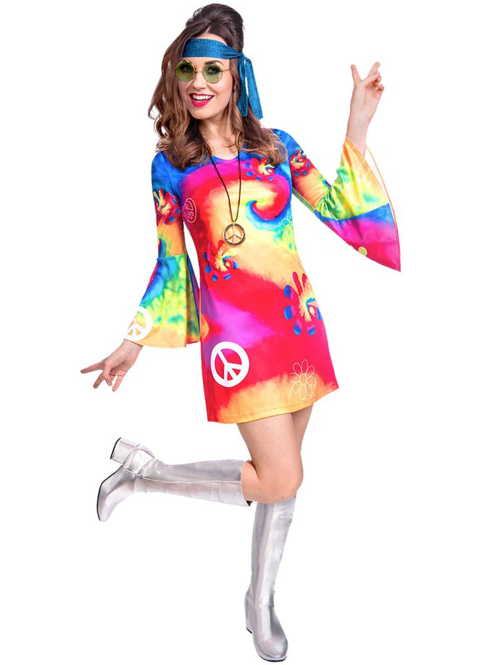 Woman wearing the colourful Free Spirit hippie dress, blue headband and green glasses.