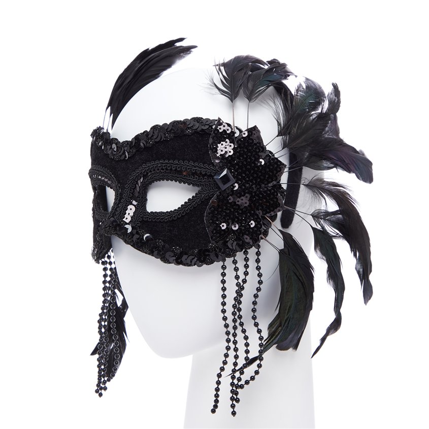 Black Masquerade Mask with Feathers & Beads – product image 3