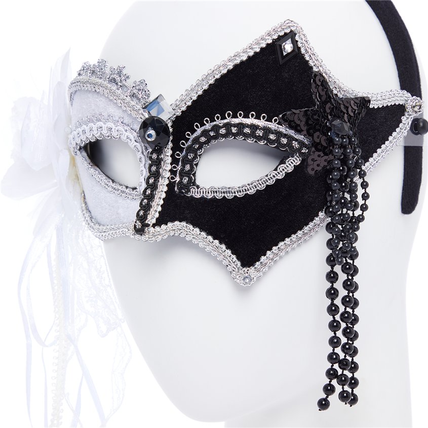 Black & White Masquerade Mask with Feathers & Beads – product image 3