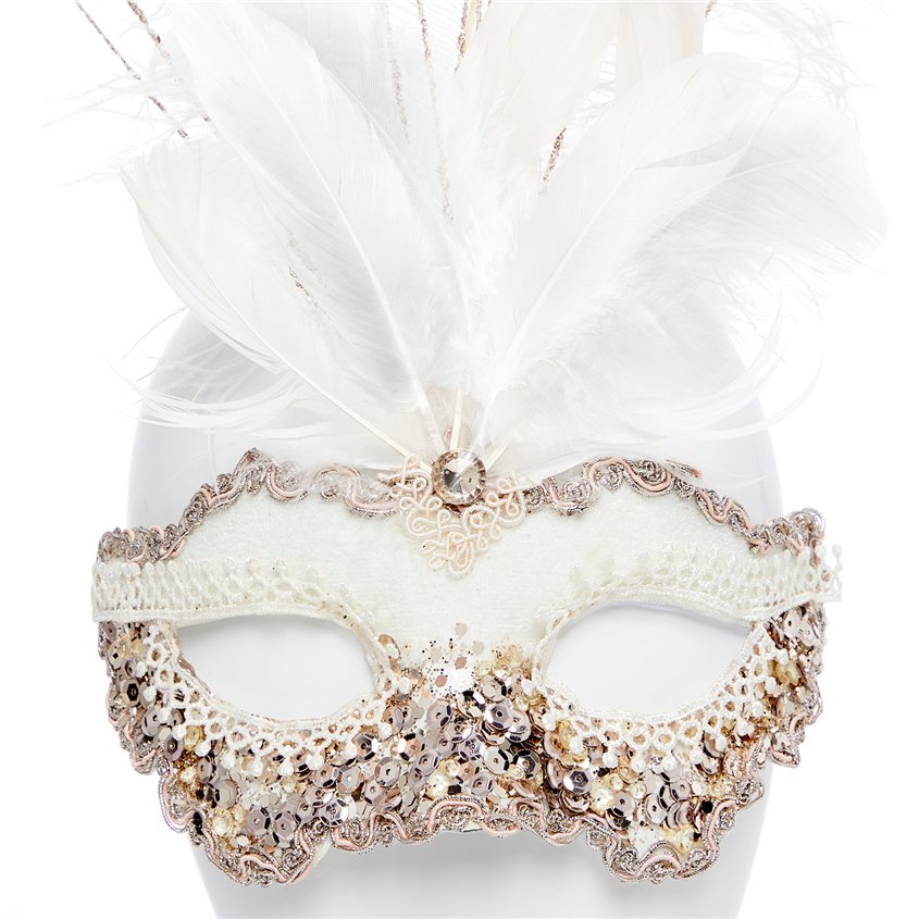 White Masquerade Mask with Sequins, Glitter & Feathers – product image 3