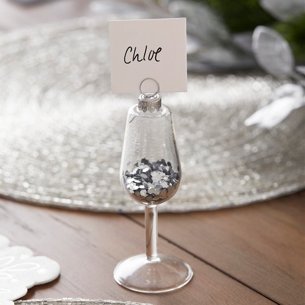 Silver Glitter Filled Wine Glass Place Card Holders (4pk)