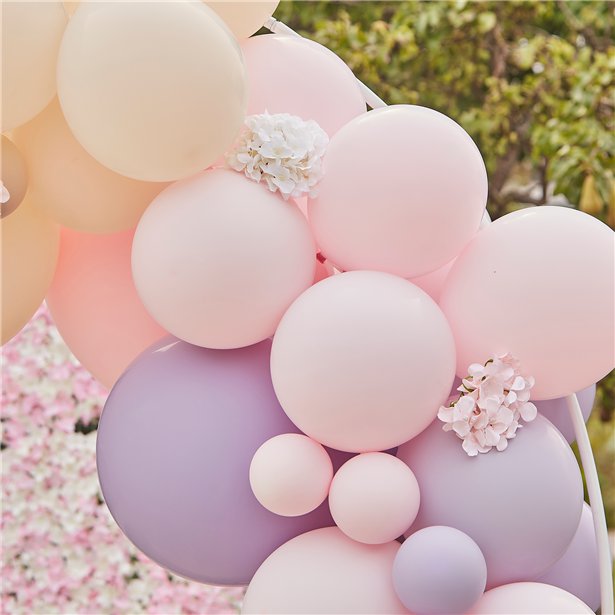 Pink & Lilac Mix Balloon Arch with Hydrangea Flowers - 75 Balloons