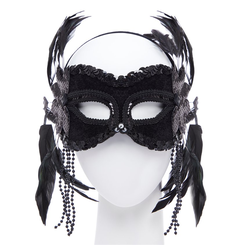 Black Masquerade Mask with Feathers & Beads – product image 1