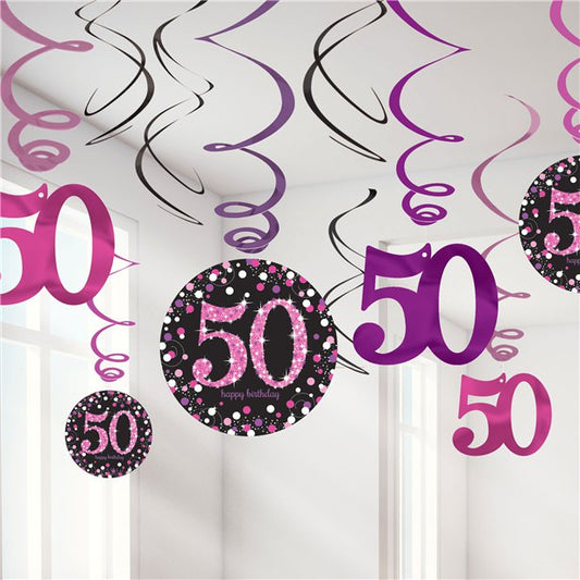Pink Age 50 Hanging Swirls - 45cm (12pk)