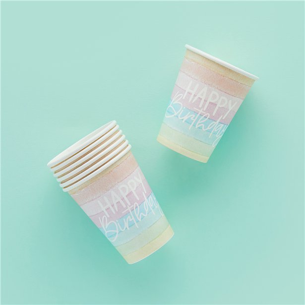Eco Pastel Rainbow Happy Birthday Paper Cups (8pk)