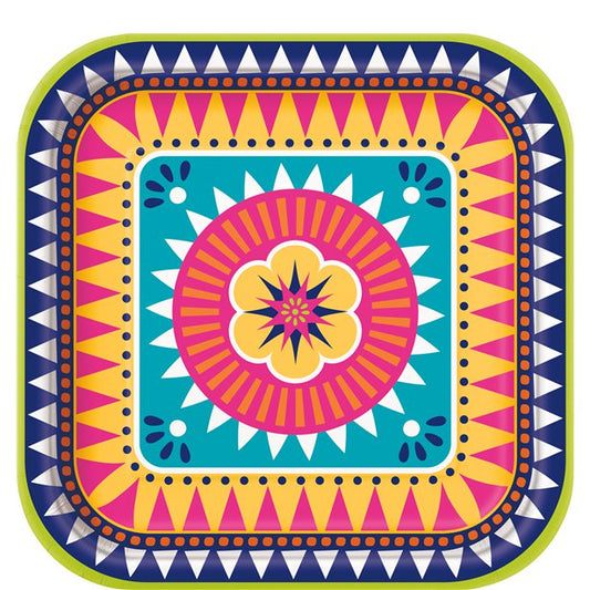Boho Fiesta Square Plates - 23cm Paper Party Plates (8pk)