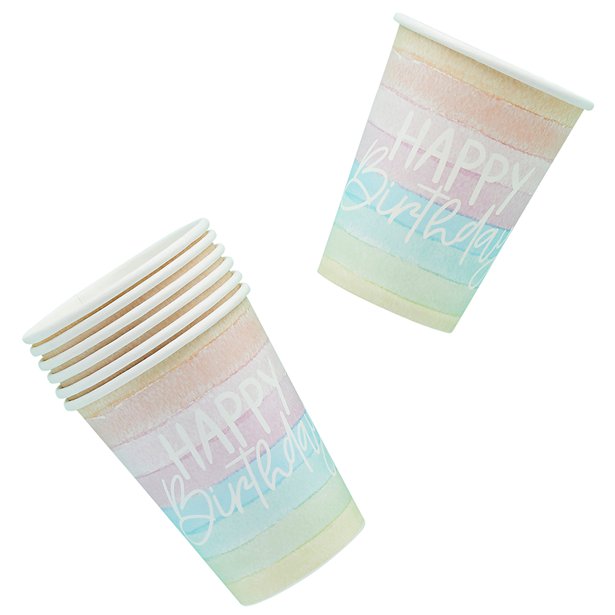 Eco Pastel Rainbow Happy Birthday Paper Cups (8pk)