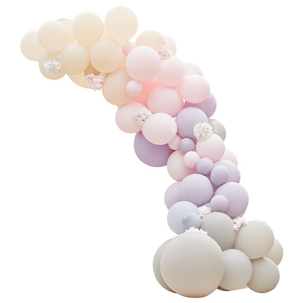 Pink & Lilac Mix Balloon Arch with Hydrangea Flowers - 75 Balloons