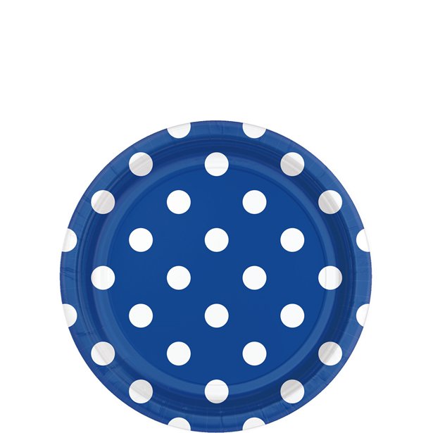 Royal Blue Polka Dot Dessert Plates - 18cm Paper Party Plates (8pk)