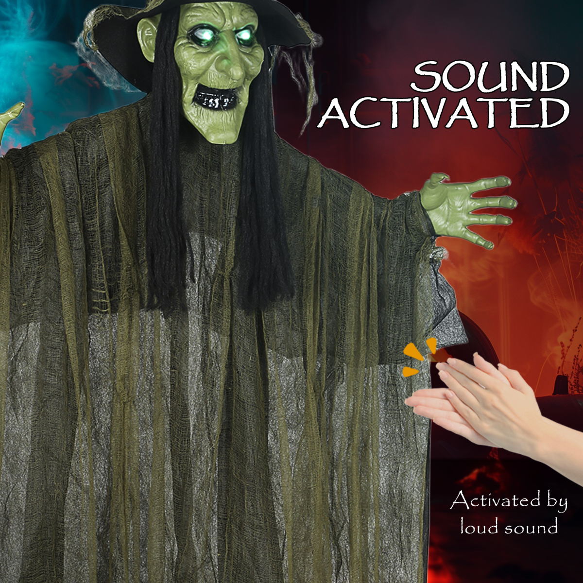 Outsunny Voice Activated Halloween Animatronics Hanging Witch, Green – product image 5
