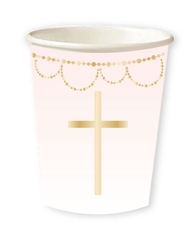 Pink Botanical Cross Paper Cups - 237ml (8pk)