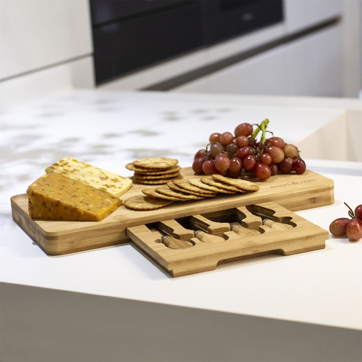 Bamboo Cheese Board Serving Platter With Knife Set | M&W	