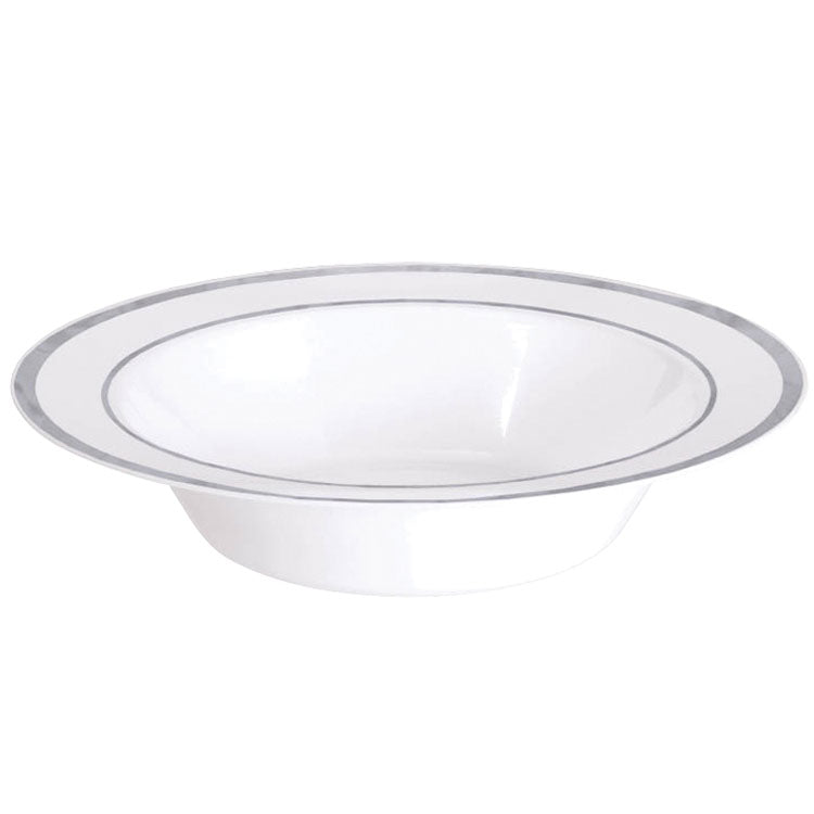 Premium Plastic Bowls - 340ml White with Silver Trim (10pk)