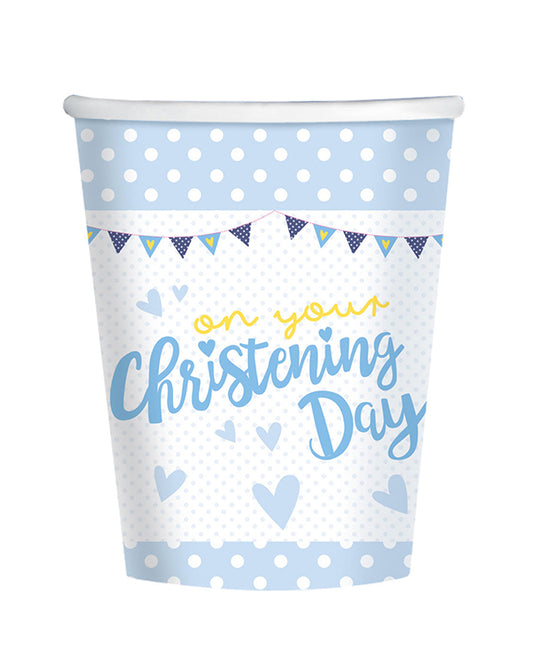 Christening Day Blue Cups - 266ml Paper Party Cups (8pk)