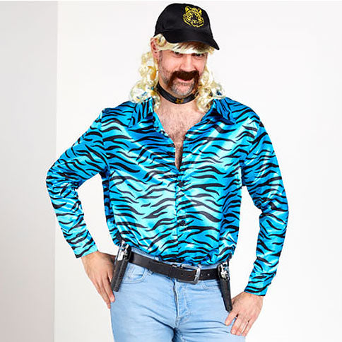 Man wearing a blue tiger-print jacket and black cap as a character costume.