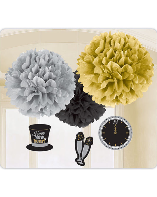 Metallic New Year's Eve Pom Pom Decorations - 40cm (3pk)
