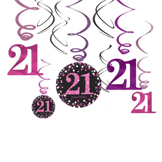 Pink Age 21 Hanging Swirls - 45cm (12pk)