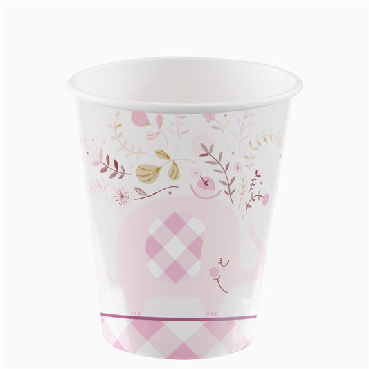 Pink Floral Elephant Paper Cups - 266ml (8pk)