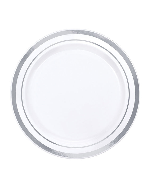 White with Silver Trim Plastic Plates - 16cm