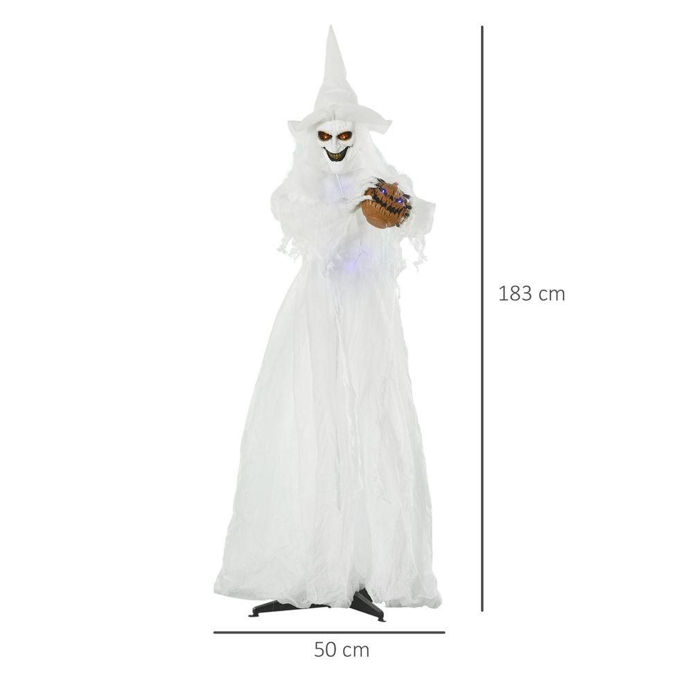 Outsunny 74 Inch Halloween Decorations White Witch Holding Pumpkin Head, Standing Skeleton Ghost Prop Life Size with Light Up Eyes and Body – product image 4