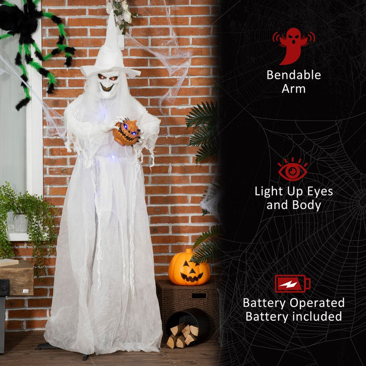 Outsunny 74 Inch Halloween Decorations White Witch Holding Pumpkin Head, Standing Skeleton Ghost Prop Life Size with Light Up Eyes and Body – product image 1