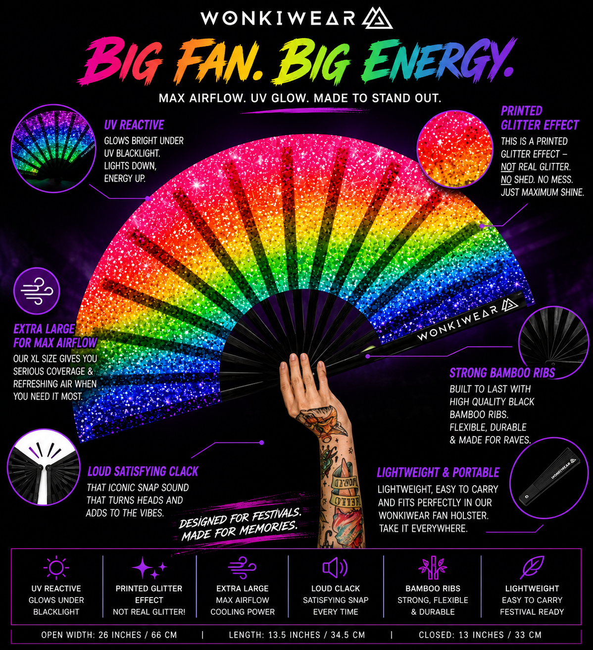 Rainbow Glitter XL UV Reactive Festival Fan – product image 5