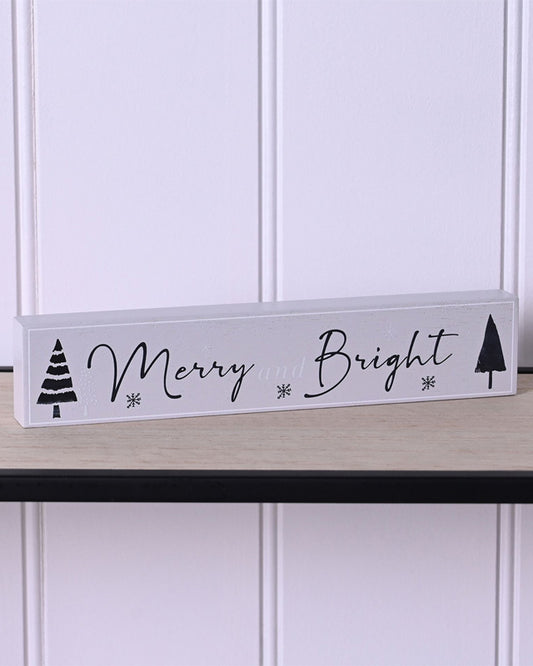Merry & Bright Wooden Mantel Plaque - 20cm