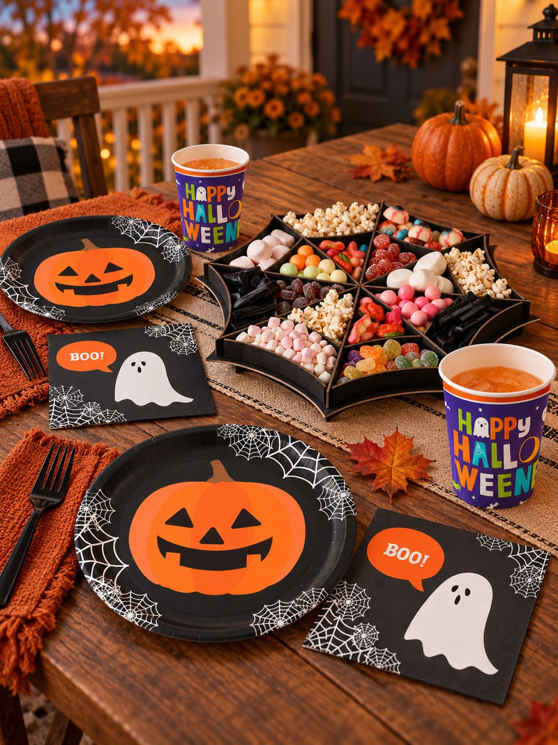 Pumpkin plates, ghost napkins, colourful Halloween cups and a spiderweb grazing tray on a warmly lit autumn porch table.