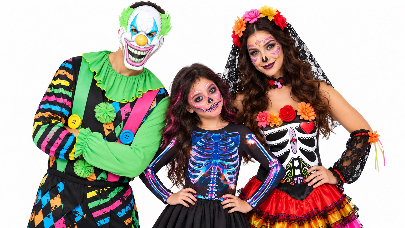 Models in Funhouse Clown, Recycled Skeleton Girl and Day of the Dead Senorita costumes, shown from the waist up.