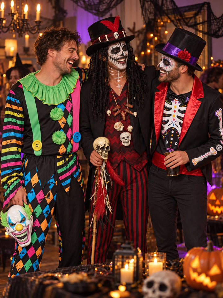 Three friends laughing at a Halloween party in Funhouse Clown, Voodoo Man and Day of the Dead costumes.