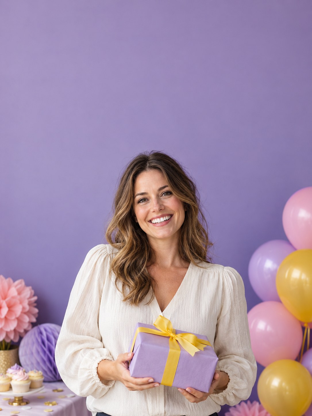 Smiling party host holding a lilac gift with a yellow ribbon beside colourful balloons.