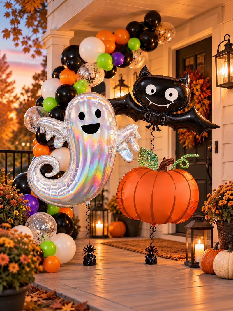 Iridescent ghost, smiling black bat and orange pumpkin foil balloons with a colourful Halloween balloon garland on a warmly lit autumn porch.