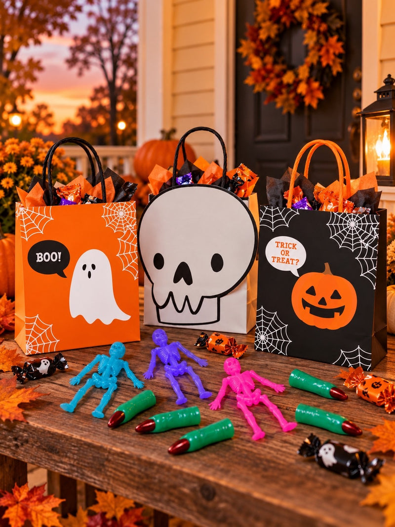 Ghost, pumpkin and skull treat bags filled with wrapped sweets, with colourful skeleton toys and green witch-finger favours on an autumn porch table.